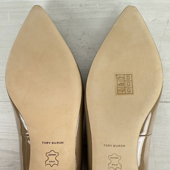 Tory Burch Size 9.5 GEORGIA Pointed Toe Flats Almond Flour Beige Patent Leather - Picture 14 of 16